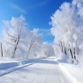 winter landscape with road, snow and tree.
